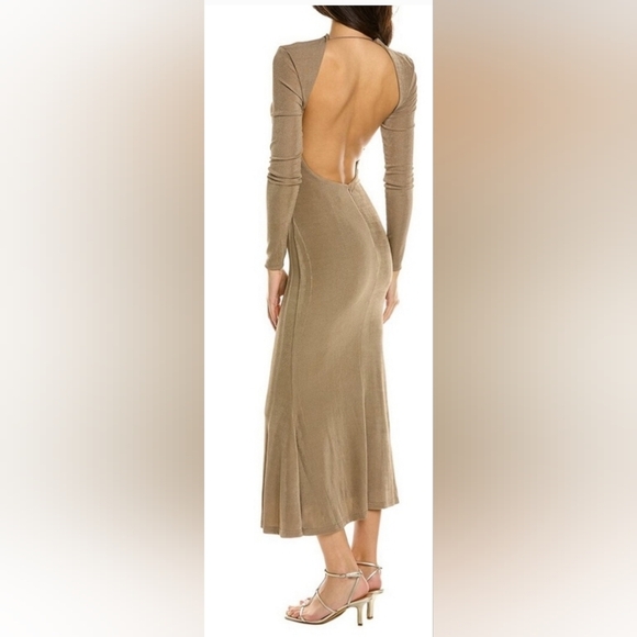 Jason Wu Engracia Plunge Long Sleeve Midi Dress Size L Tan Formal Low Back Bodyc - Picture 15 of 16
